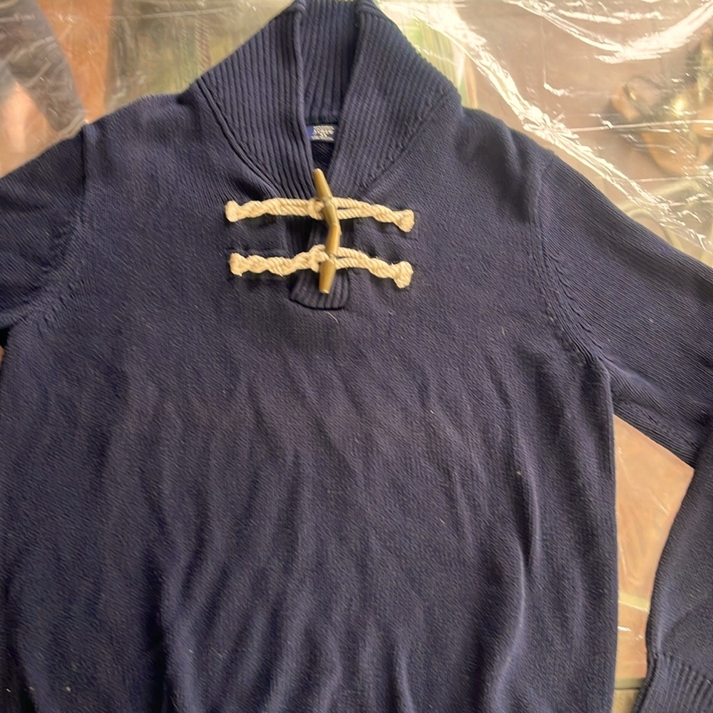 Navy blue J Crew sweater with rope toggle. Size large